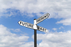 Concept image of a Future Past & Present signpost against a blue cloudy sky
